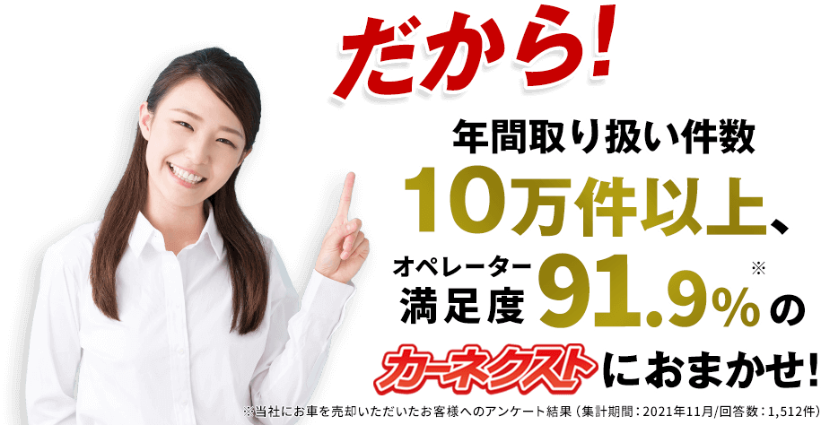年間取り扱い件数10万件以上、オペレーター満足度91.9％のカーネクストにおまかせ！